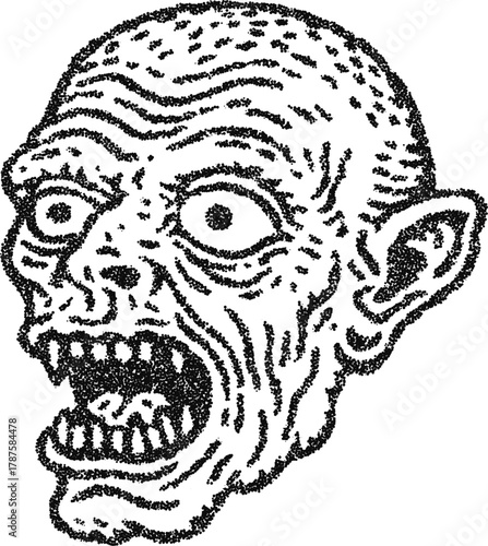 Stipple vector zombie head portrait with wrinkled skin and open mouth, horror monster illustration for halloween design