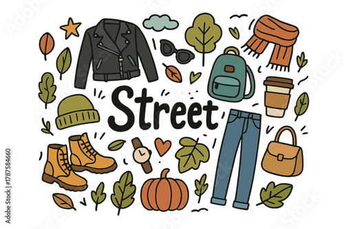 Street Fashion Doodle. Street fashion. Hand-drawn doodle illustration of street fashion. Leather jacket, boots