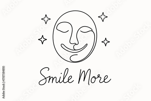 Minimalistic Smiling Face. “Smile More”. Minimalistic one-line drawing of a smiling face with stars around it,