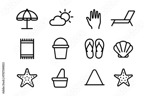 Sun Protection Icons. Sun protection setup. Line outline icon set of sun protection setup: parasol, stand,