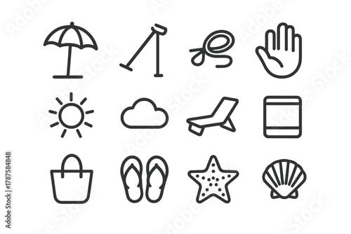 Portable Sunshade Icons. Portable sunshade. Line outline icon set of portable sunshade: parasol, foldable