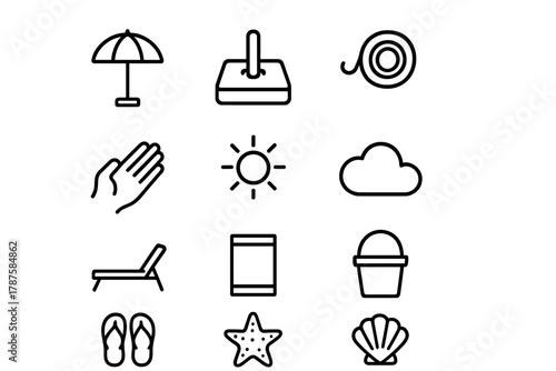 Sunshade Icon Set. Sunshade installation. Line outline icon set of sunshade installation: parasol, base, rope,