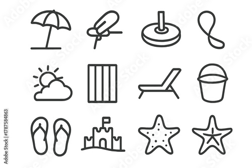 Beach Essentials Icon Set. Beach umbrella setup. Line outline icon set of beach umbrella setup: parasol, hand,
