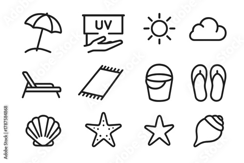 Sun Protection Icons. Sun protection setup. Line outline icon set of sun protection setup: parasol, stand,