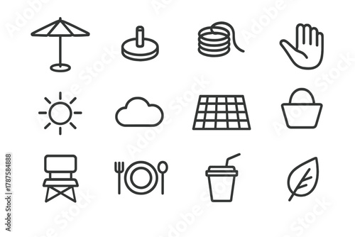Picnic Setup Icons. Picnic parasol setup. Line outline icon set of picnic parasol setup: parasol, base, rope,
