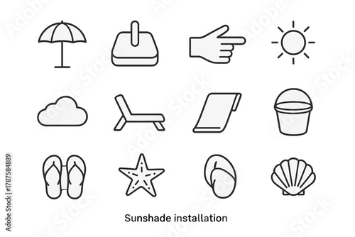 Sunshade Installation Icons. Sunshade installation. Line outline icon set of sunshade installation: parasol,