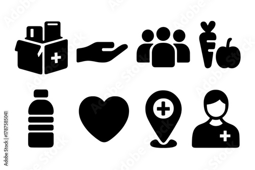 Aid Distribution Icons. Aid Distribution. Filled icon set of Aid Distribution: box of supplies, hand giving,