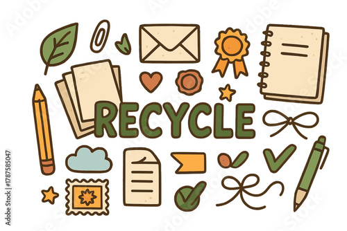 Recycled Paper Doodles. Recycled paper. Hand-drawn doodle illustration of recycled paper. Paper stack, leaf,