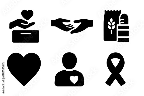 Charity Icon Set. Charity Work. Filled icon set of Charity Work: donation box, hands giving, coins, food