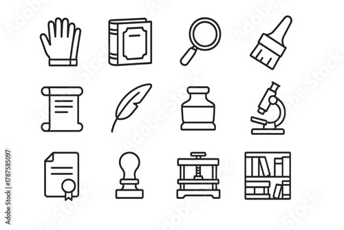 Rare Book Icon Set. Rare book handling. Line outline icon set of rare book handling: gloves, old book,