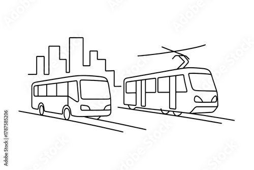 Minimalist Transit Sketch. Public Transport. Minimalistic one-line drawing bus and tram moving through urban