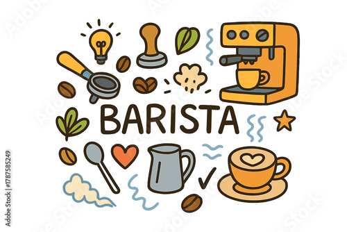 Barista Tools Doodle. Barista tools. Hand-drawn doodle illustration of barista tools. Portafilter, tamper,