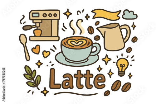 Latte Art Doodle. Latte art. Hand-drawn doodle illustration of latte art. Cup, espresso machine, froth, heart