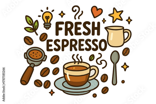 Fresh Espresso Doodle. Fresh espresso. Hand-drawn doodle illustration of fresh espresso. Espresso shot, cup,