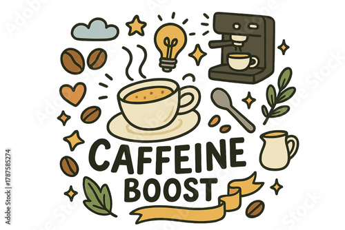 Caffeine Boost Doodle. Caffeine boost. Hand-drawn doodle illustration of caffeine boost. Espresso cup, coffee