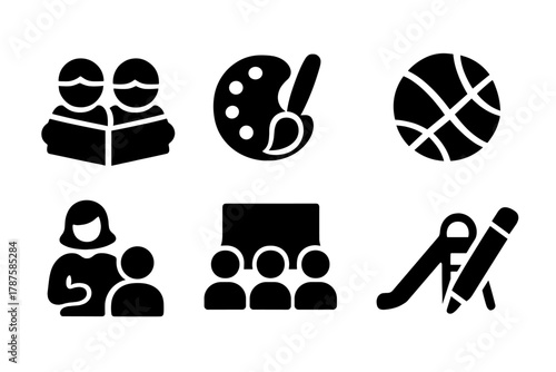 After-School Program Icons. After-School Programs. Filled icon set of After-School Programs: children reading,