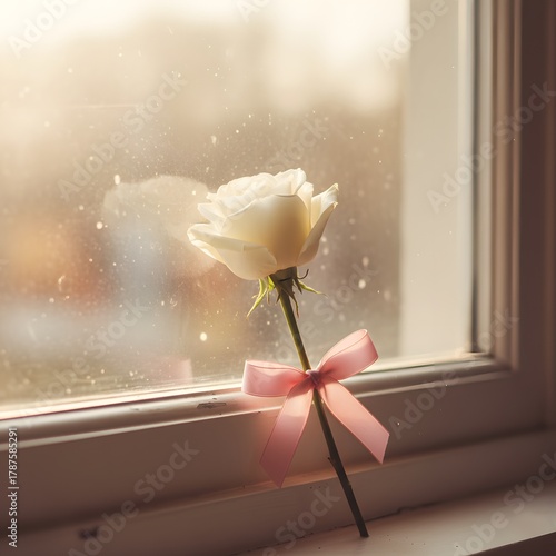 Delicate White Rose by a Sunny Window