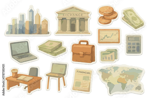 Global Financial Stickers. Financial Centers. Realistic hand-painted watercolor style sticker sheet of