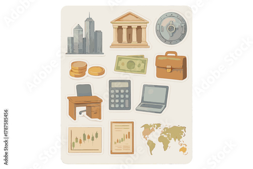 Watercolor Finance Icons. Finance Hub Icons. Realistic hand-painted watercolor style sticker sheet of finance