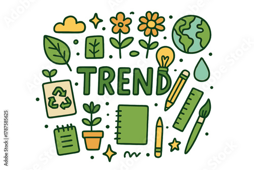 Green Trend Doodle. Green trend. Hand-drawn doodle illustration of green trend. Leaf, recycled paper, plant,
