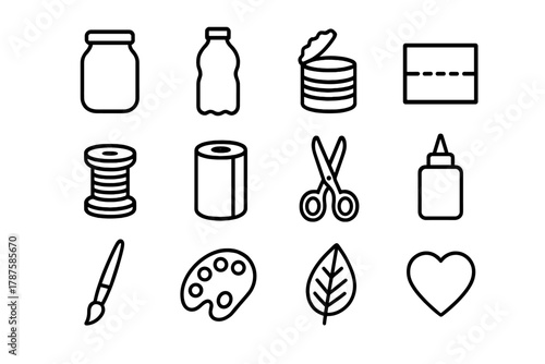 Upcycled Craft Icons. Upcycled craft materials. Line outline icon set of upcycled craft materials: jar, bottle