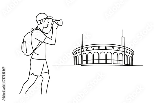 Minimalist Athlete Photography. Athletic Exploration. Minimalistic one-line drawing athlete taking photo in