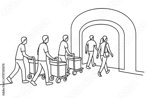 Minimalist Event Arrival. Event Arrival Scene. Minimalistic one-line drawing luggage carts and participants