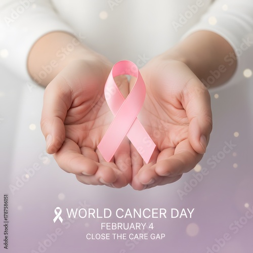 World Cancer Day Hands Holding Pink Ribbon for Awareness and Support