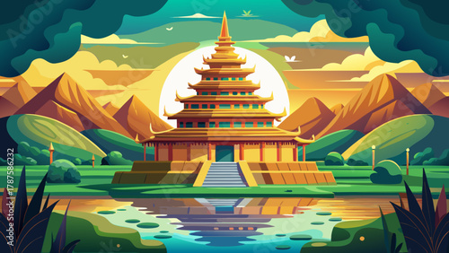 Golden pagoda rising majestically above lush green landscape, intricate carvings on temple walls, sun setting behind the structure, soft glow reflecting in surrounding ponds, peaceful spiritual settin