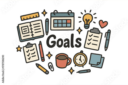 Goal Setting Doodles. Goal setting. Hand-drawn doodle illustration of goal setting. Notebook, checklist, pen,