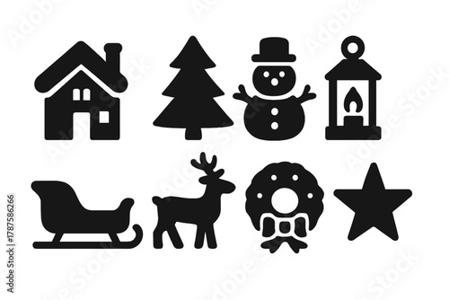 Christmas Village Icons. Christmas Village. Filled icon set of Christmas Village: miniature house, pine tree,