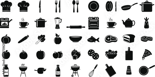 Food and Kitchenware Icon Set Black Silhouette for Restaurant Menu Design