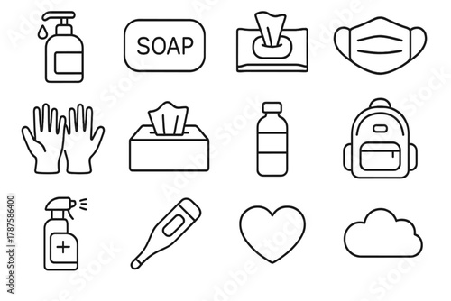 Portable Hygiene Essentials. Hygiene routine on-the-go. Line outline icon set of hygiene routine on-the-go:
