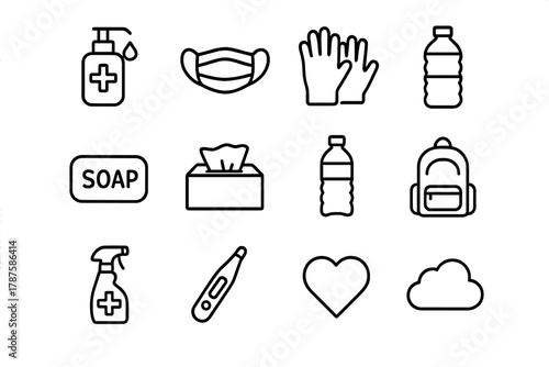 Travel Sanitation Icons. Travel sanitation kit. Line outline icon set of travel sanitation kit: sanitizer,