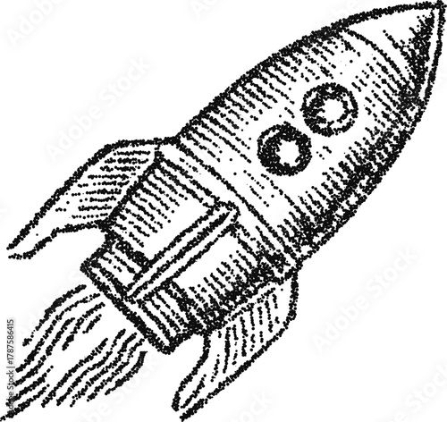 Stipple vector retro rocket spaceship launch with flame, vintage space travel illustration for exploration and science design