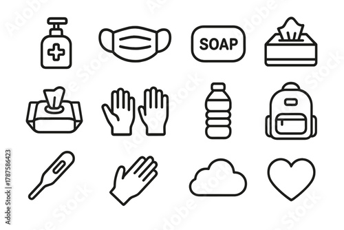 Travel Hygiene Essentials. Travel hygiene essentials. Line outline icon set of travel hygiene essentials:
