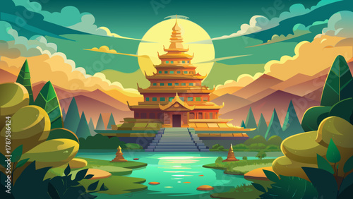 Golden pagoda rising majestically above lush green landscape, intricate carvings on temple walls, sun setting behind the structure, soft glow reflecting in surrounding ponds, peaceful spiritual settin