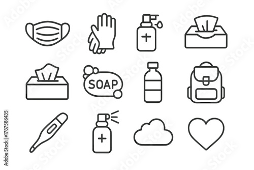 Travel Hygiene Essentials. Travel hygiene precautions. Line outline icon set of travel hygiene precautions: