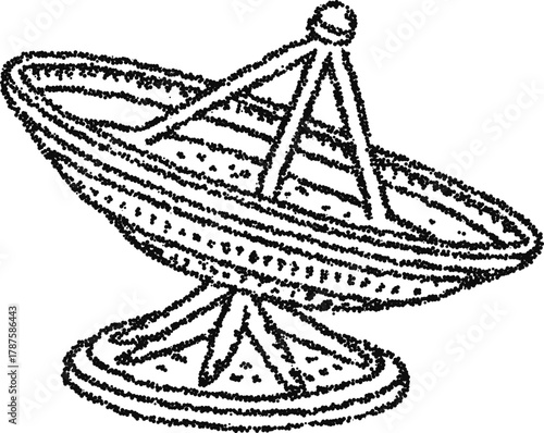 Stipple vector satellite dish parabolic antenna on stand, vintage communication receiver illustration for broadcast and technology design