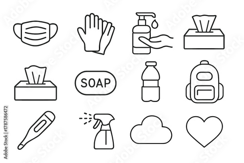 Travel Hygiene Icons. Travel hygiene precautions. Line outline icon set of travel hygiene precautions: face