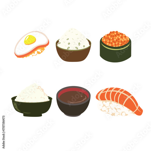 Salmon Nigiri and Rice Bowl Vector Set