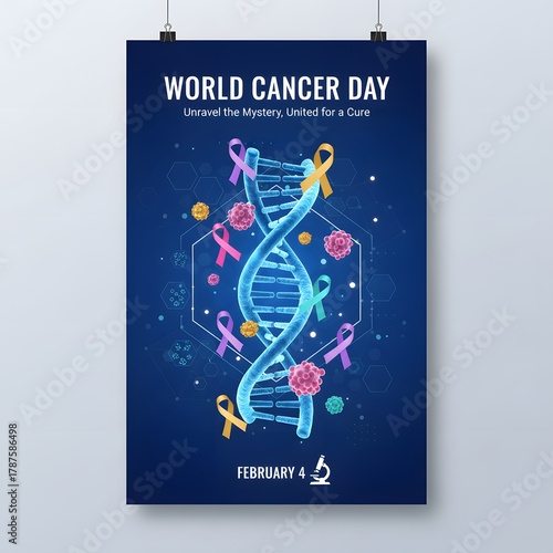 World Cancer Day Awareness Poster with DNA Helix and Ribbons