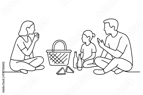 Minimalist Picnic Scene. Picnic Fun. Minimalistic one-line drawing basket, sandwiches, and drinks with people