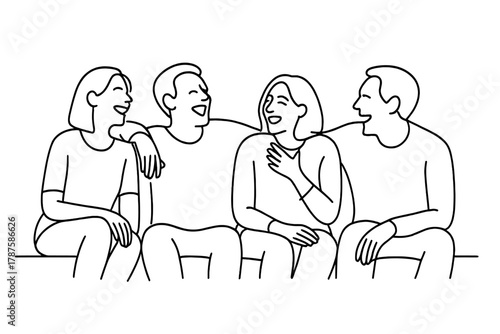Friends' Joy. Shared Laughter. Minimalistic one-line drawing friends sitting together laughing, continuous