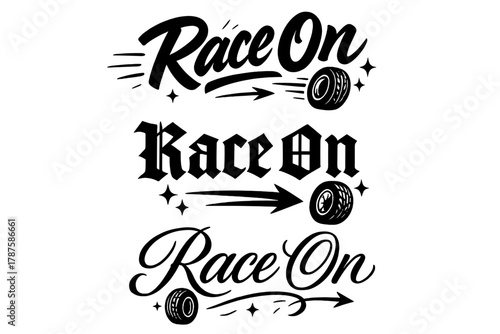 Dynamic Calligraphy Showcase. Race On. Create a calligraphy lettering illustration of the phrase: Race On.