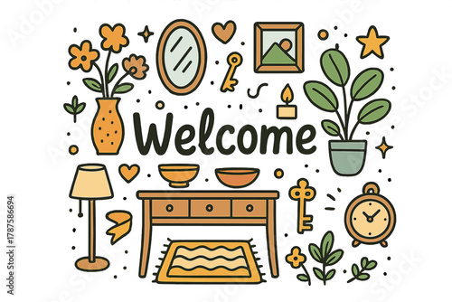 Welcome Entrance Doodle. Welcoming entrance. Hand-drawn doodle illustration of a welcoming entrance. Table,