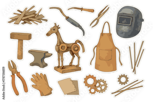 Watercolor Metal Sculpture Stickers. Recycled Metal Sculpture. Realistic hand-painted watercolor style sticker