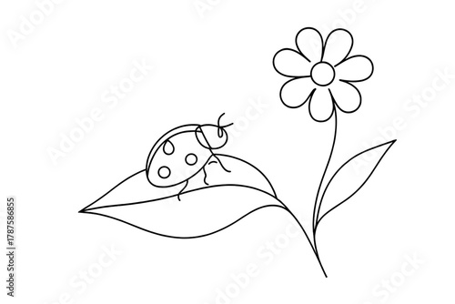 Ladybug Minimalism. Ecosystem Interaction. Minimalistic one-line drawing ladybug on leaf near bloom,