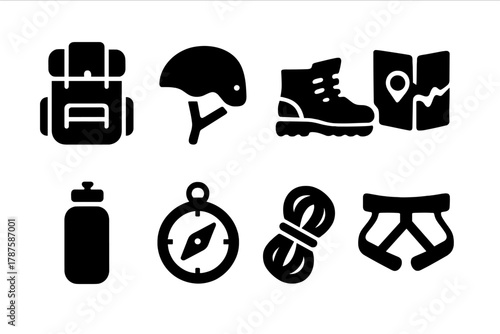 Adventure Gear Icons. Adventure Gear. Filled icon set of Adventure Gear: backpack, helmet, trekking boots, map