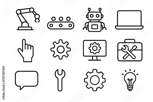 Workplace Automation Icons. Workplace automation. Line outline icon set of workplace automation: robotic arm,